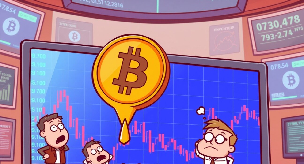 Cartoon showing a significant Bitcoin price drop below $100,000, illustrating market concern and volatility for investors.