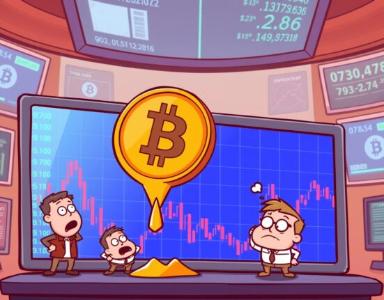 Cartoon showing a significant Bitcoin price drop below $100,000, illustrating market concern and volatility for investors.