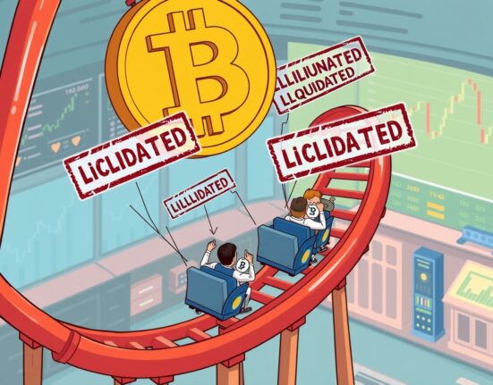 Cartoon illustration of a Bitcoin price drop caused by high-leverage liquidations in the futures market.