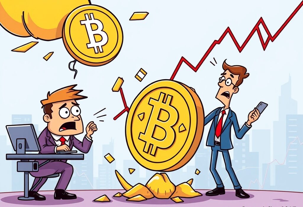 Cartoon showing a significant Bitcoin price drop, with a falling BTC coin and concerned investors analyzing the market.