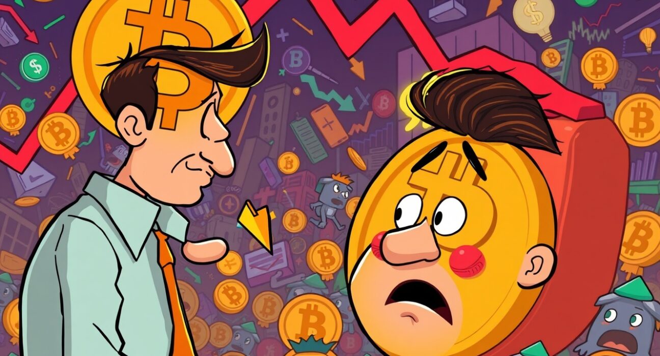 A cartoon illustration symbolizing the recent Bitcoin price drop, showing market anxiety and the falling value of BTC.