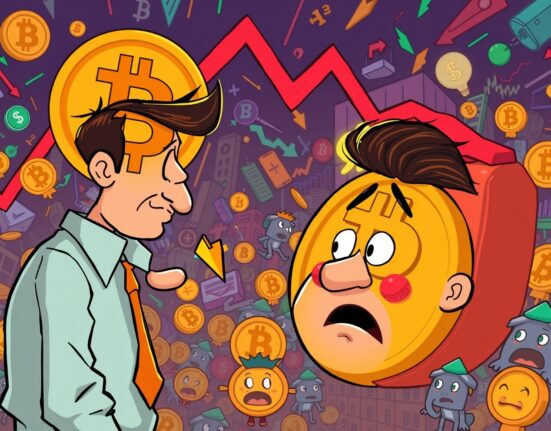 An illustration of an investor looking concerned as the Bitcoin price drop chart goes down, representing market volatility.