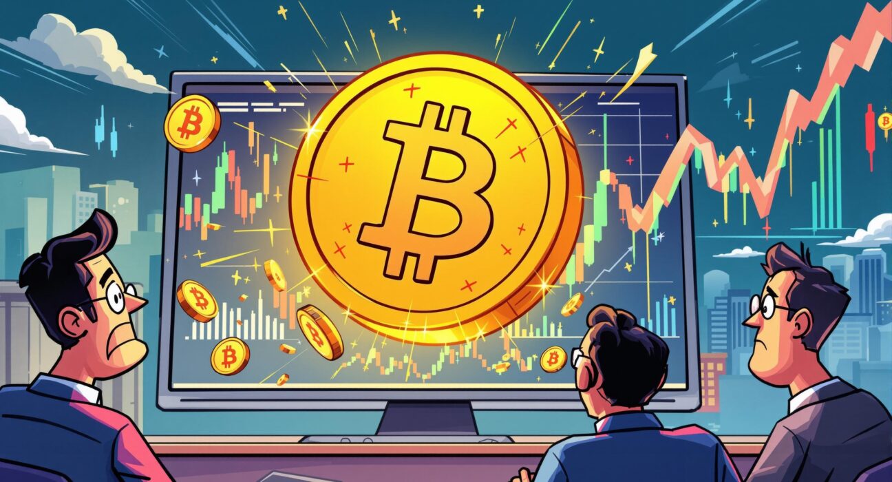 A cartoon depicting a Bitcoin price drop, showing the BTC coin falling on a chart, symbolizing market volatility.