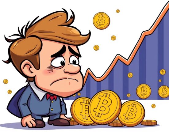 A worried investor observing a dramatic Bitcoin price drop on a crypto chart, symbolizing market volatility.