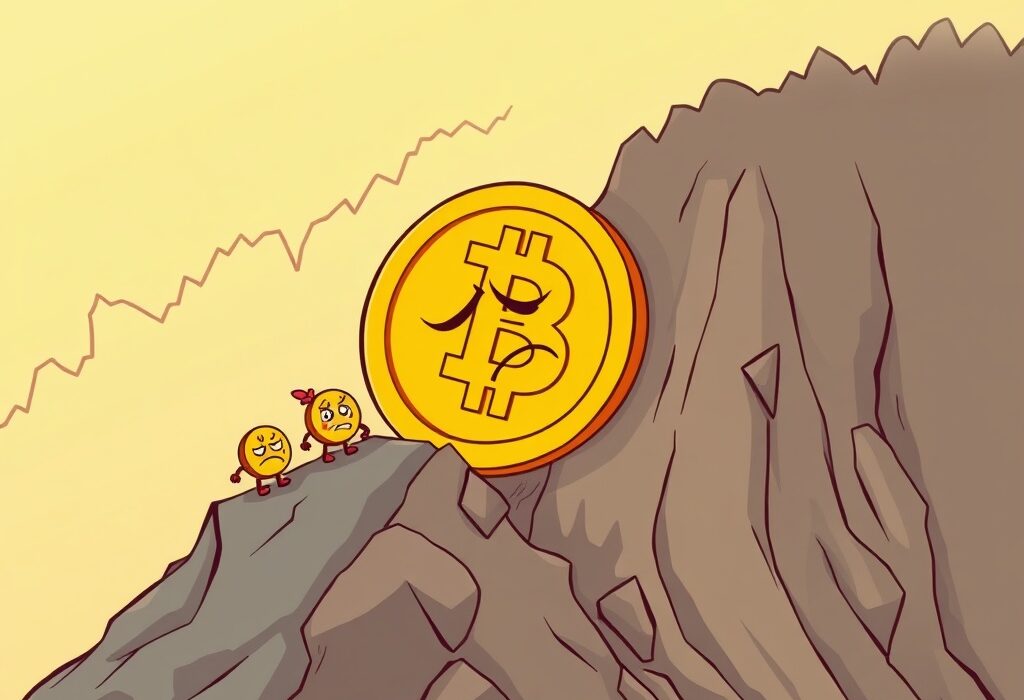 Cartoon illustration depicting a significant Bitcoin price drop, symbolizing market volatility and investor concern.