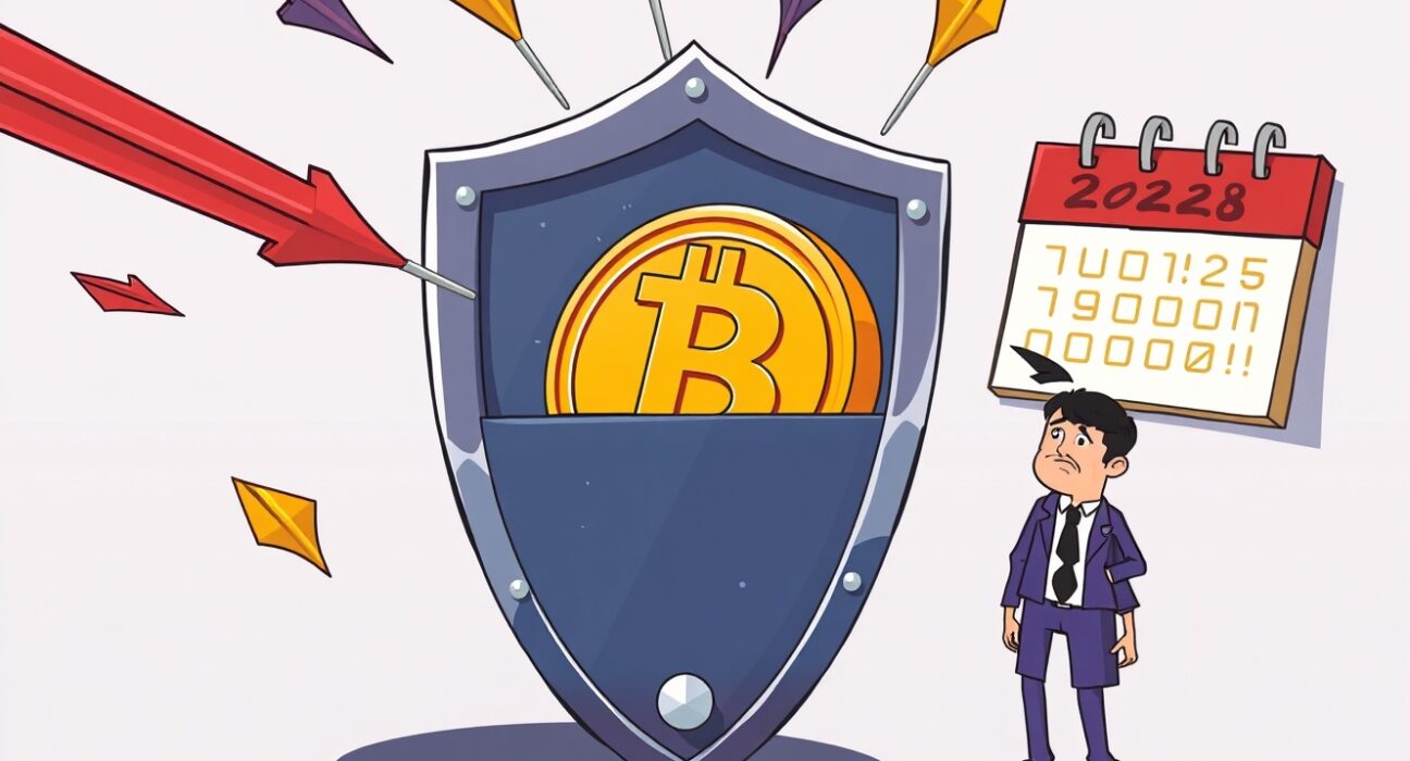A shield protects a Bitcoin coin from a market storm, illustrating resilience against a Bitcoin price drop.