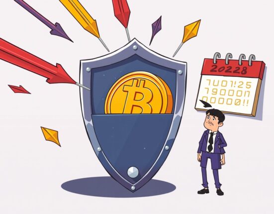 A shield protects a Bitcoin coin from a market storm, illustrating resilience against a Bitcoin price drop.