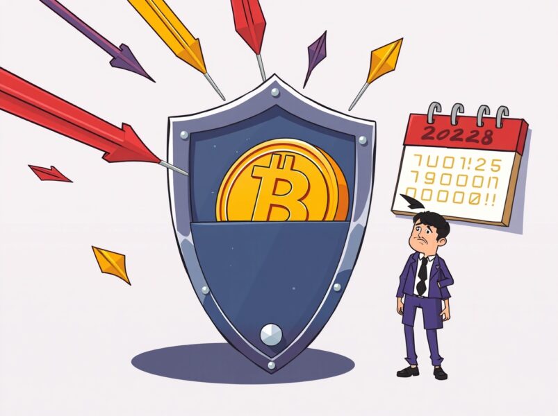 A shield protects a Bitcoin coin from a market storm, illustrating resilience against a Bitcoin price drop.