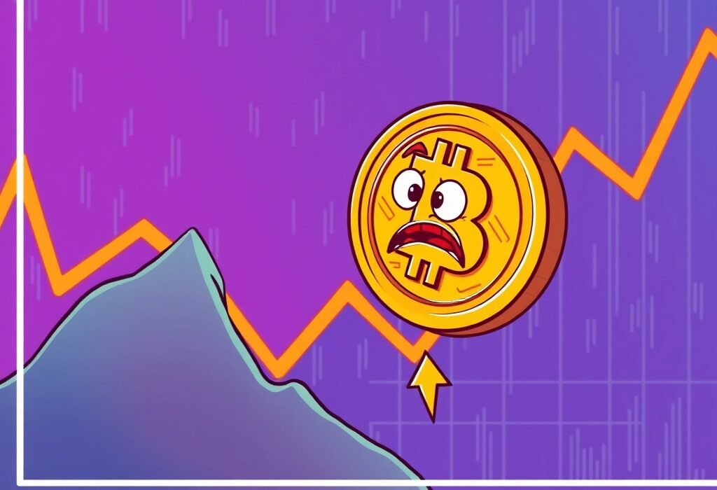 Cartoon showing a significant Bitcoin price drop, with a large BTC coin rolling down, symbolizing market movement and its impact.