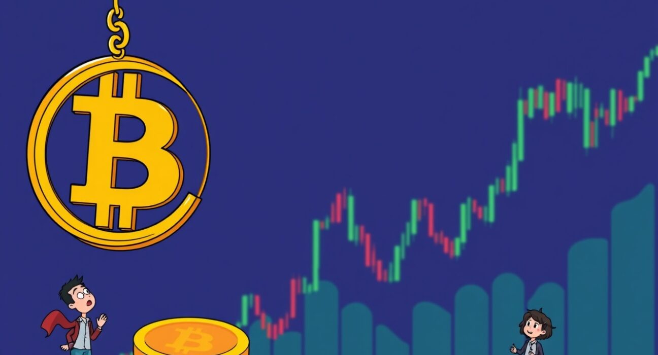 A cartoon illustration depicting a Bitcoin price drop, with the BTC logo falling on a chart, symbolizing the recent market movement.