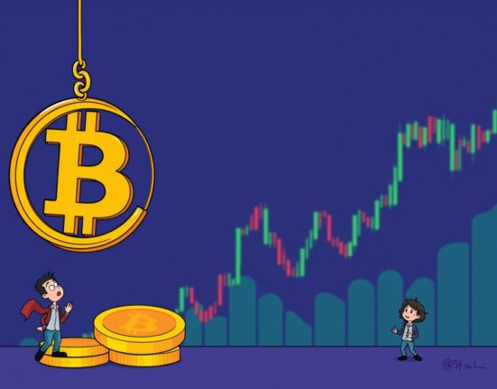 Cartoon showing a significant Bitcoin price drop, with a large BTC coin rolling down, symbolizing market movement and its impact.