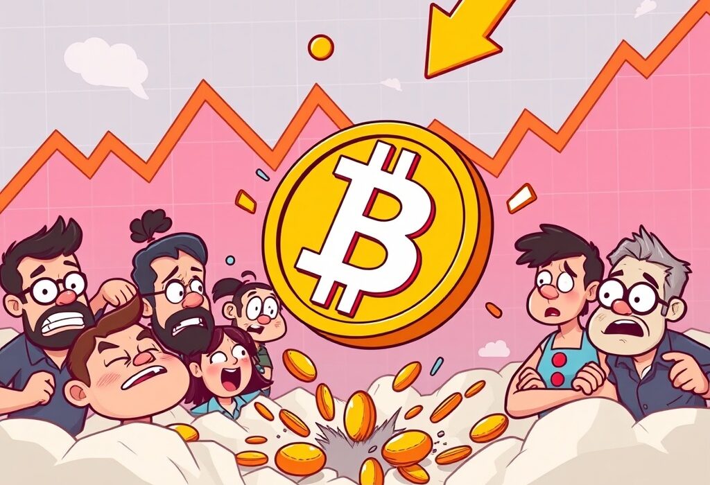 A cartoon illustration depicting a significant Bitcoin Price Drop, symbolizing the market's recent downturn and its impact on investors.