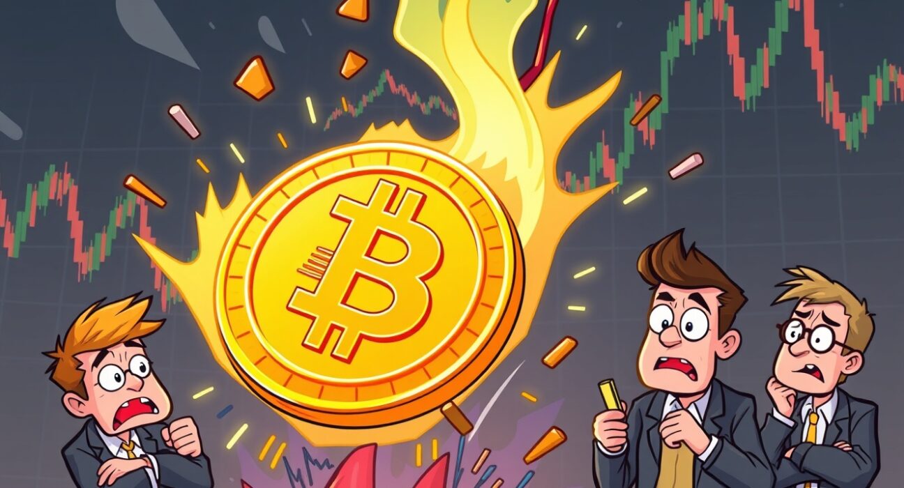 A cartoon illustration showing the urgent Bitcoin price drop, with BTC falling on a chart, signaling market volatility.