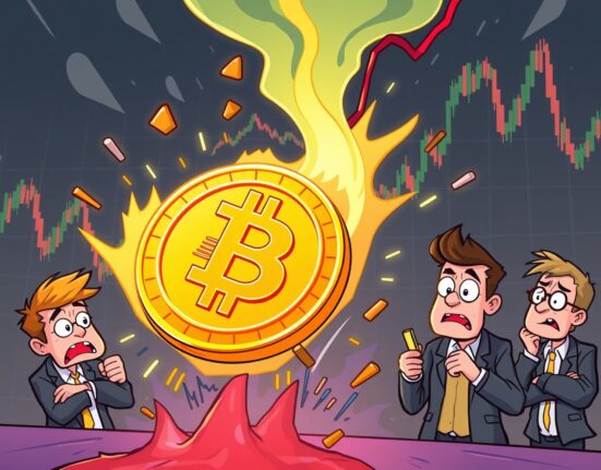 A cartoon illustration showing the urgent Bitcoin price drop, with BTC falling on a chart, signaling market volatility.