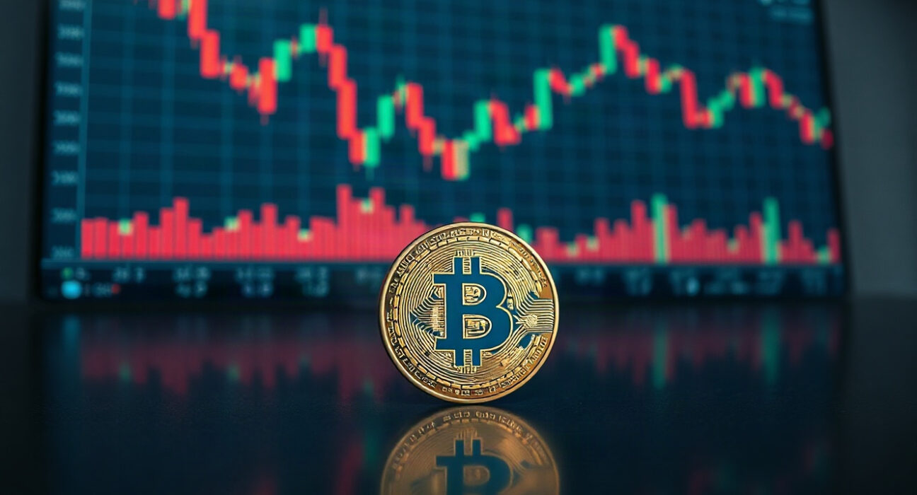 Bitcoin coin on reflective surface with blurred trading chart in background