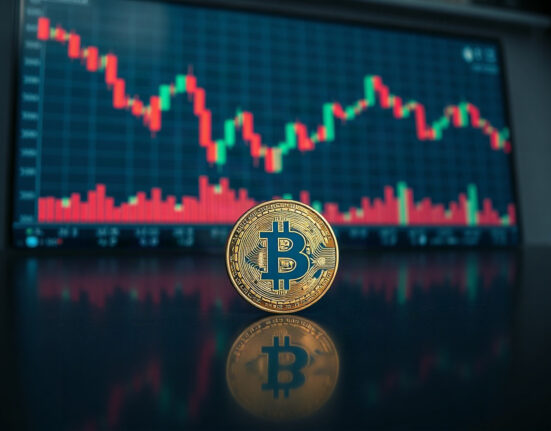 Bitcoin coin on reflective surface with blurred trading chart in background