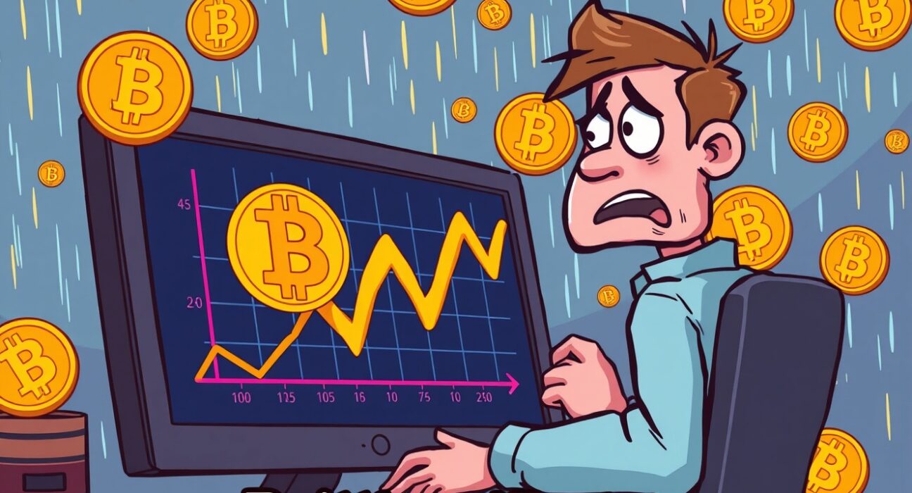 Cartoon illustration of a significant Bitcoin price drop, showing a BTC coin falling, symbolizing market volatility and investor concern.