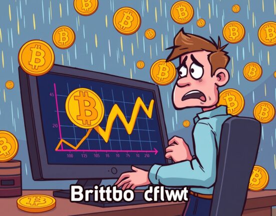 A cartoon illustration depicting the urgent Bitcoin price drop below $113,000, showing a worried investor reacting to market volatility.