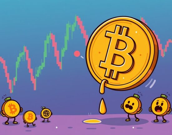 Illustration showing the Bitcoin price falling, symbolizing the recent BTC price drop and cryptocurrency market volatility.