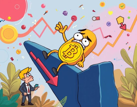 Bitcoin price falling dramatically on colorful financial chart with concerned investors