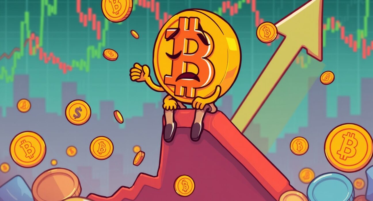 Bitcoin price falling dramatically in cartoon cryptocurrency market illustration