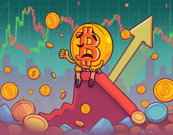 Bitcoin price falling dramatically in cartoon cryptocurrency market illustration