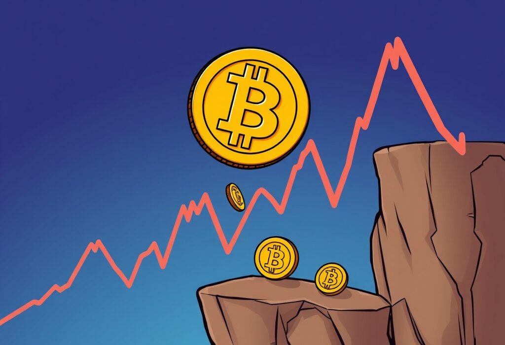 Cartoon showing Bitcoin price falling, symbolizing a market downturn and its impact on cryptocurrency investors.