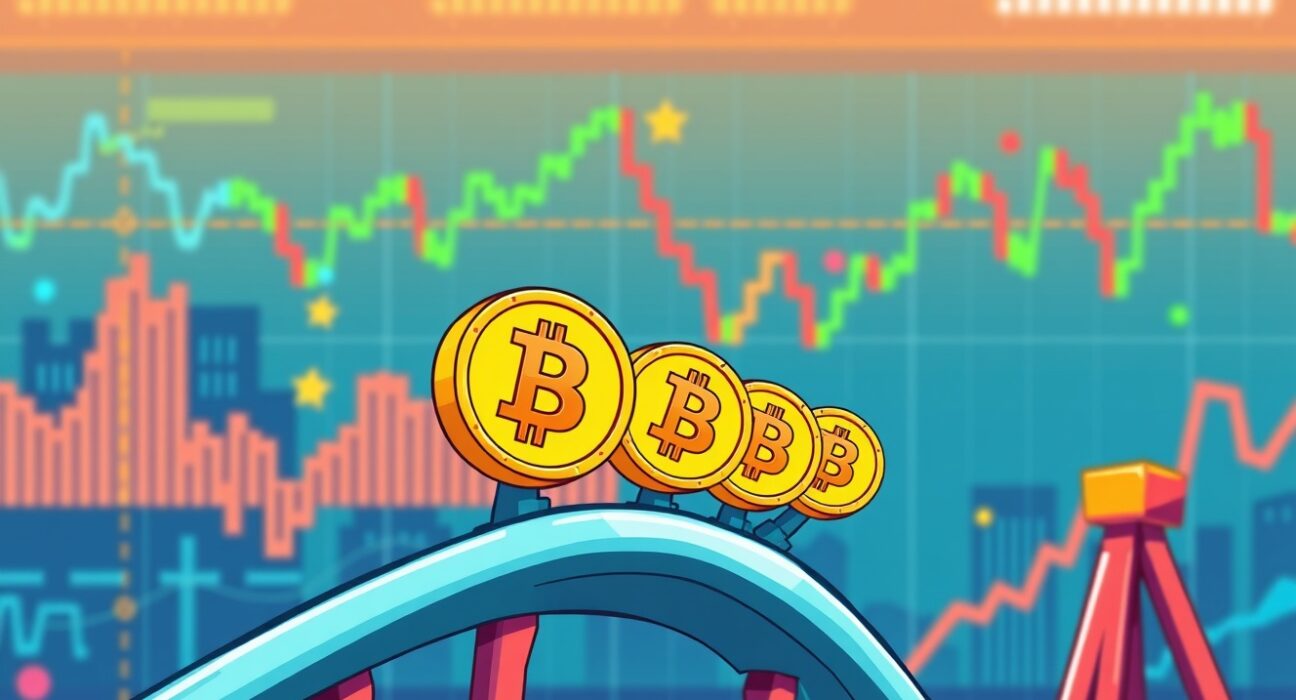 Bitcoin price drop shown through cartoon bull watching falling cryptocurrency chart