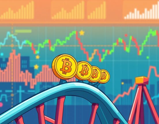 Bitcoin price rollercoaster in cartoon style showing market volatility and trading fluctuations