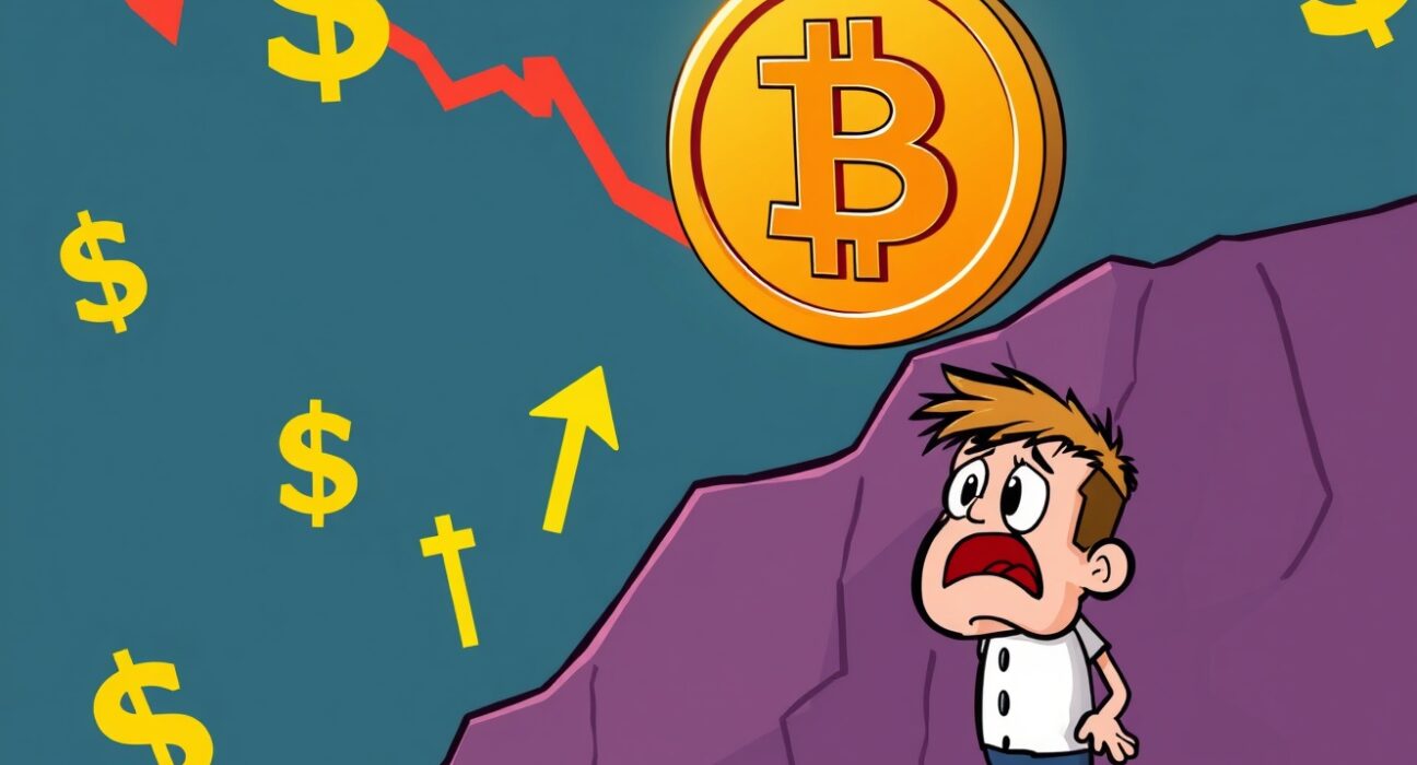 Bitcoin price falling dramatically on a financial chart with concerned investors watching