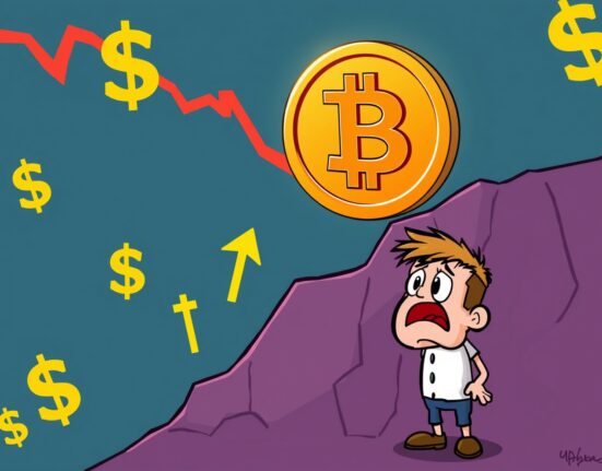 Bitcoin price falling dramatically on a financial chart with concerned investors watching