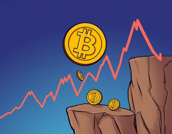Cartoon showing Bitcoin price falling, symbolizing a market downturn and its impact on cryptocurrency investors.