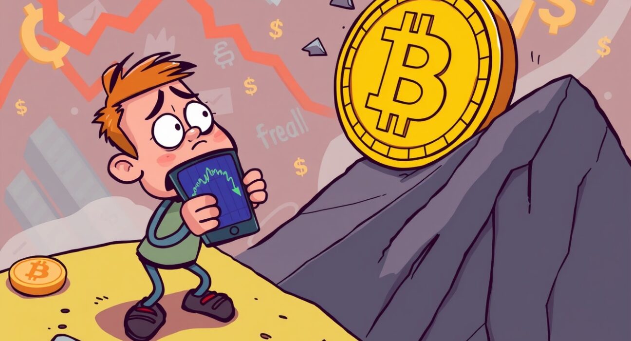 Bitcoin price falling dramatically in cartoon illustration showing market volatility and investor concern