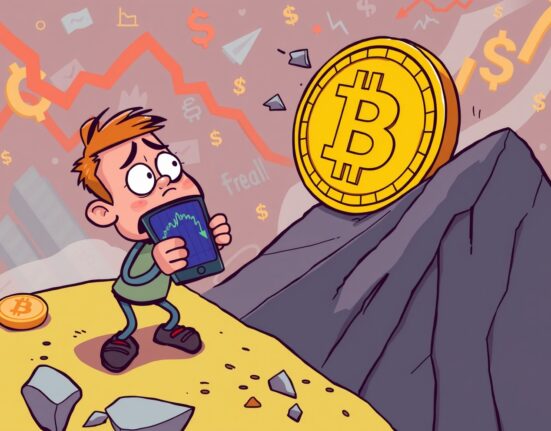 Bitcoin price falling dramatically in cartoon illustration showing market volatility and investor concern