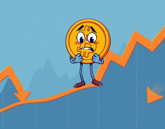 Cartoon illustration showing Bitcoin price volatility with a concerned Bitcoin character on a downward chart.