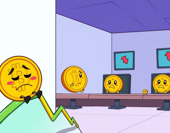 Cartoon illustration of Bitcoin price falling on a vibrant trading chart.