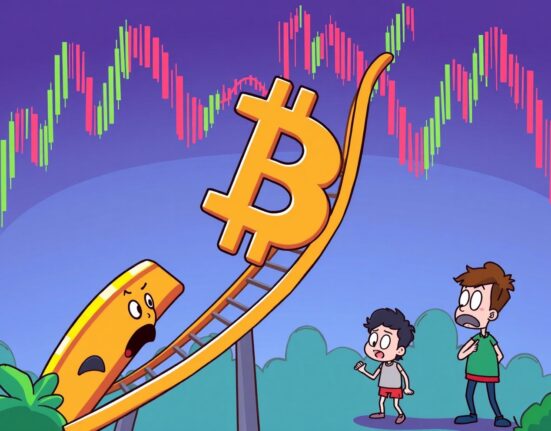 Bitcoin price rollercoaster showing dramatic market volatility in cartoon illustration
