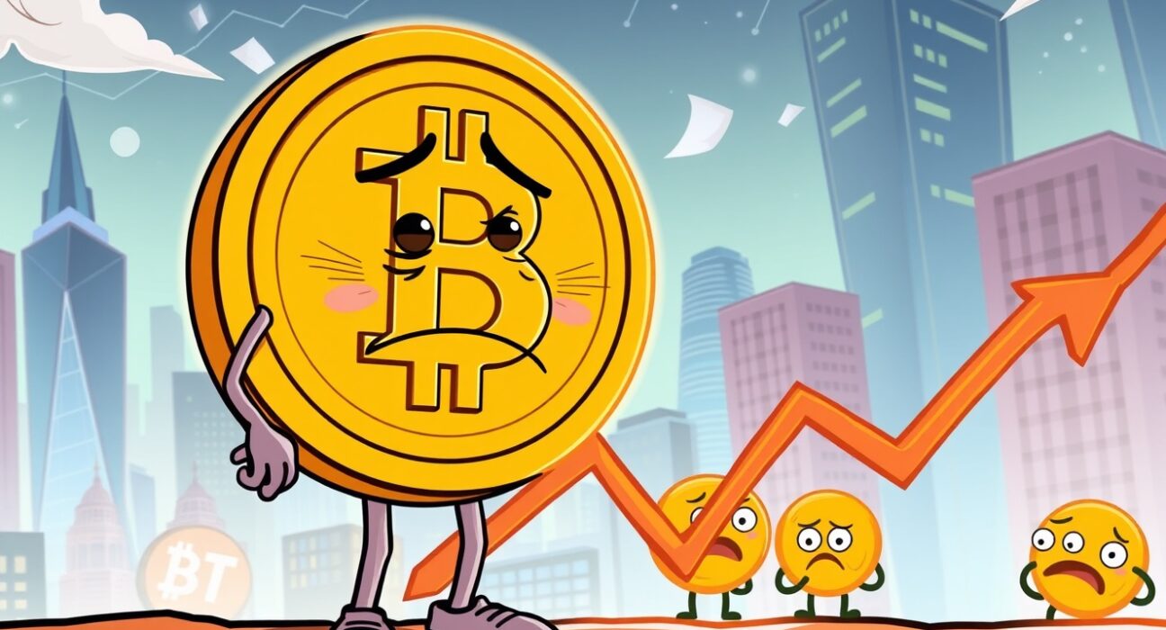 Cartoon illustration showing the Bitcoin price falling on a chart with a concerned expression.