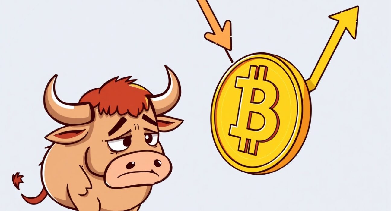 Animated illustration showing the Bitcoin price falling, with a concerned bull character.