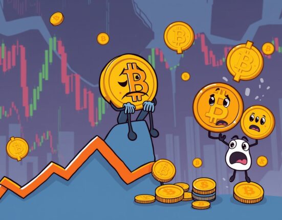 Bitcoin price decline shown through cartoon cryptocurrency character on falling market graph