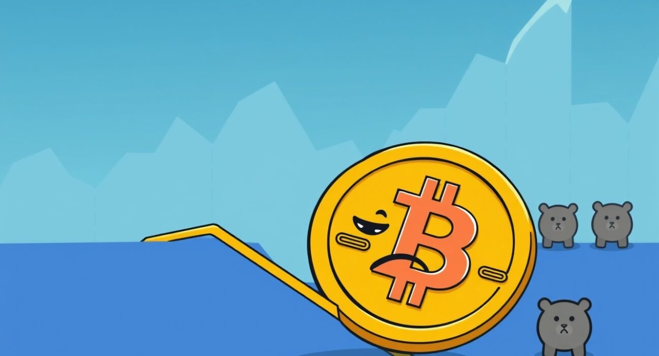 Concerned investor analyzes the dropping Bitcoin price on a digital tablet with a downward arrow.