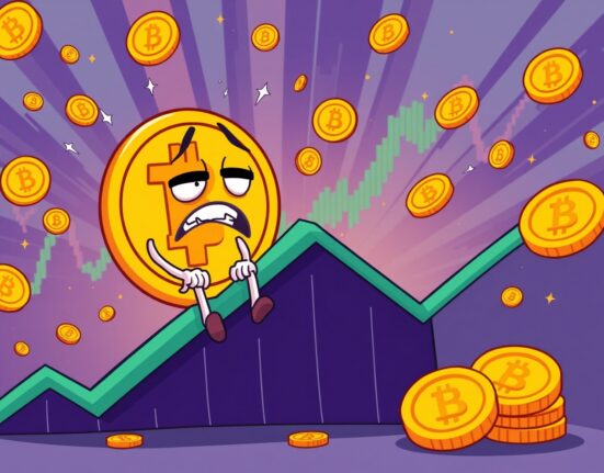 Bitcoin price falling dramatically in cartoon illustration showing market volatility