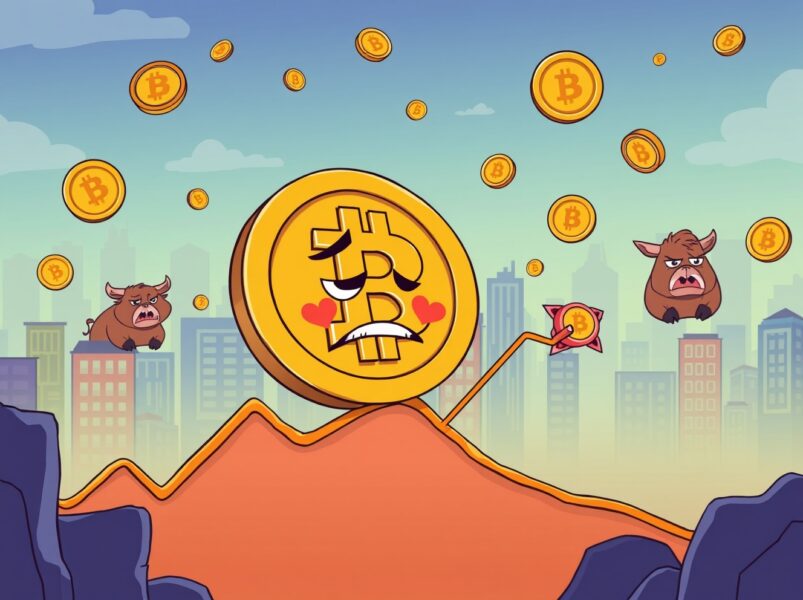 Bitcoin price falling dramatically in cartoon illustration showing market volatility