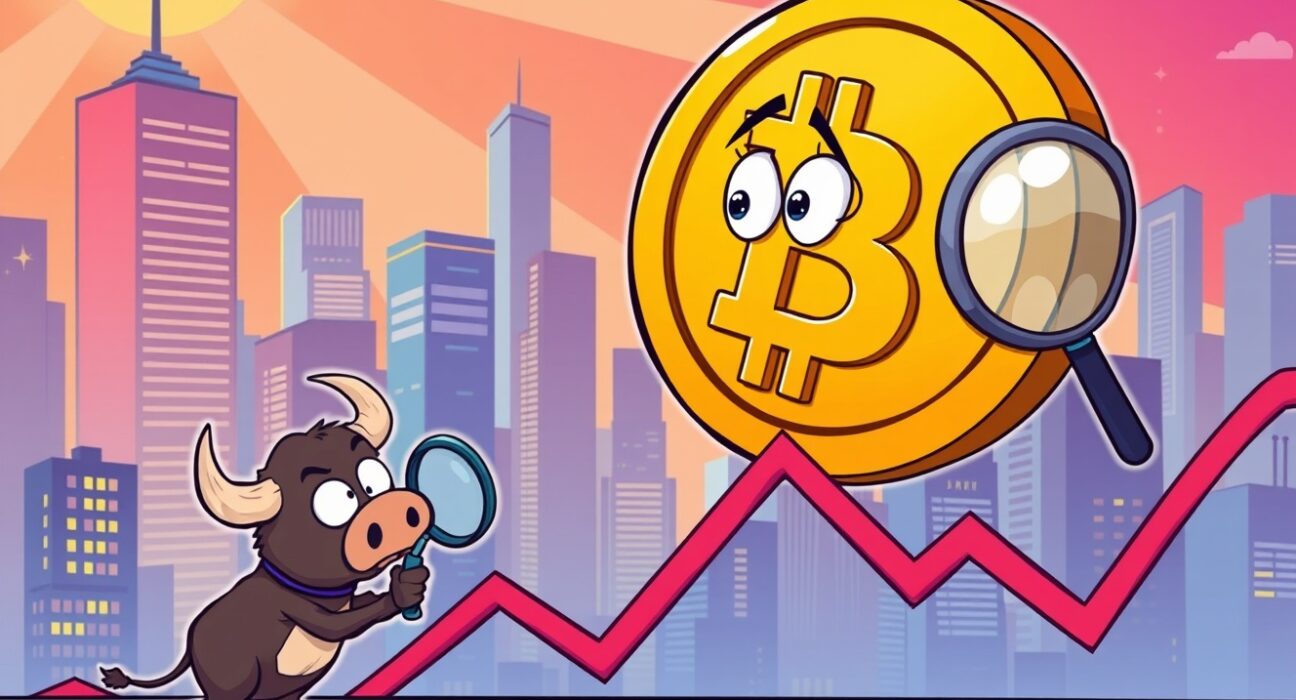 Cartoon illustration of the Bitcoin price falling on a chart, showing market volatility.