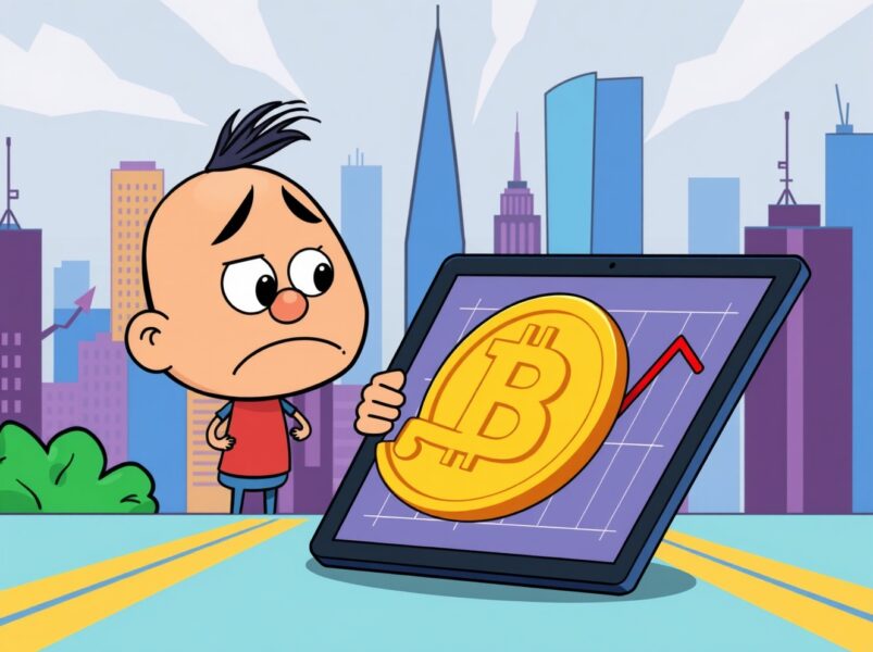 Bitcoin price falling dramatically in cartoon cryptocurrency market illustration