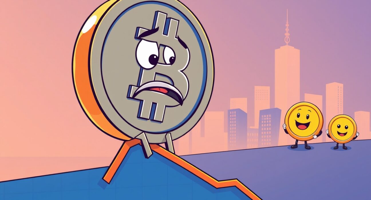 Bitcoin price rollercoaster showing cryptocurrency market volatility in cartoon illustration