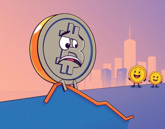 Animated illustration of the falling Bitcoin price showing market volatility and investor concern.
