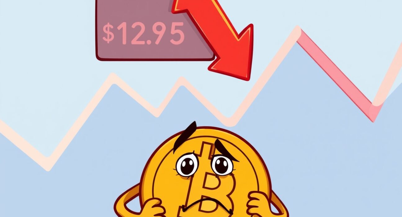 Animated Bitcoin character concerned about a falling Bitcoin price chart.