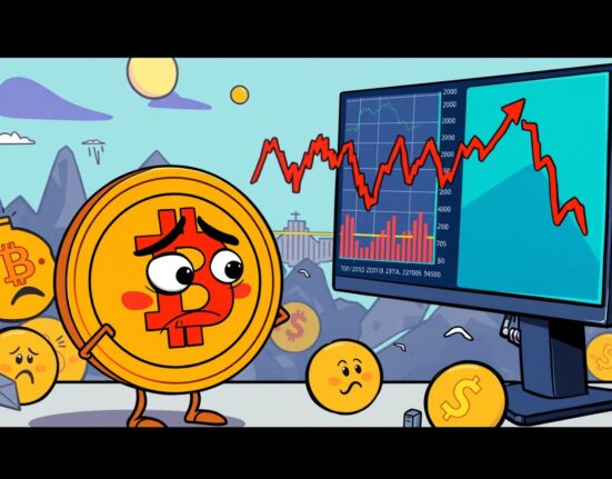 Personified Bitcoin coin reacting to a sharp drop in the cryptocurrency price chart.