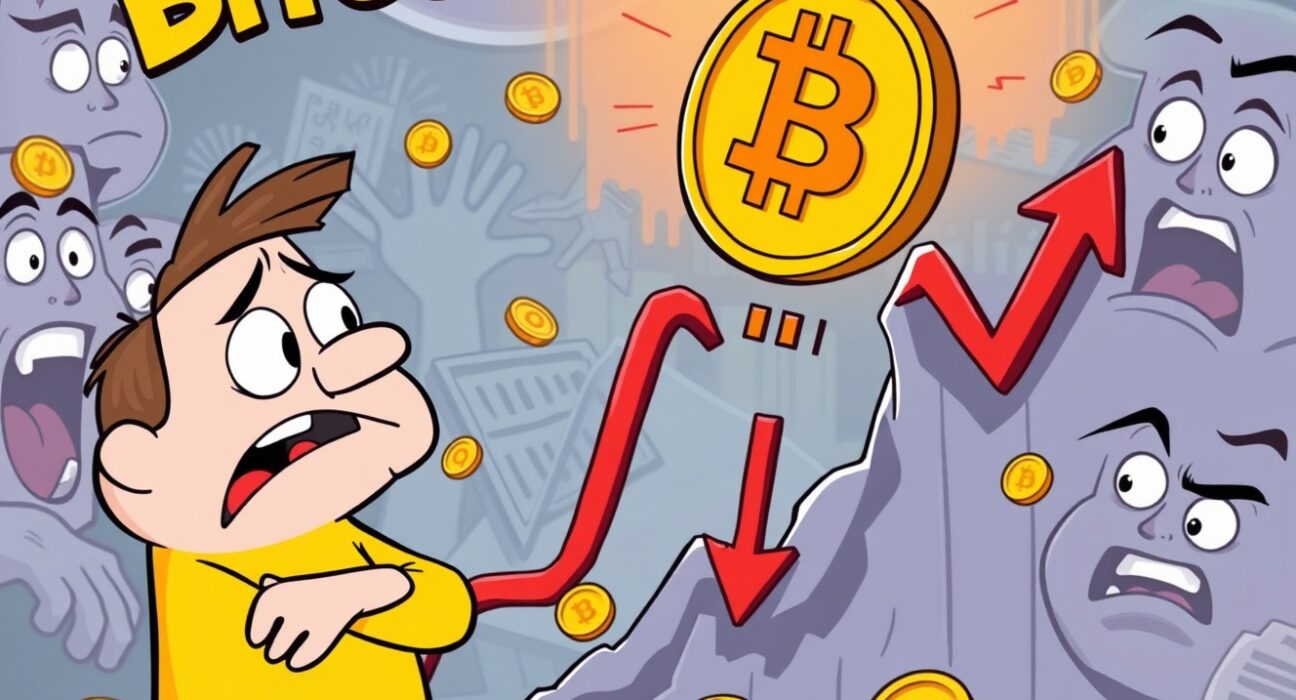 Bitcoin price crash illustration showing cryptocurrency market volatility and falling values